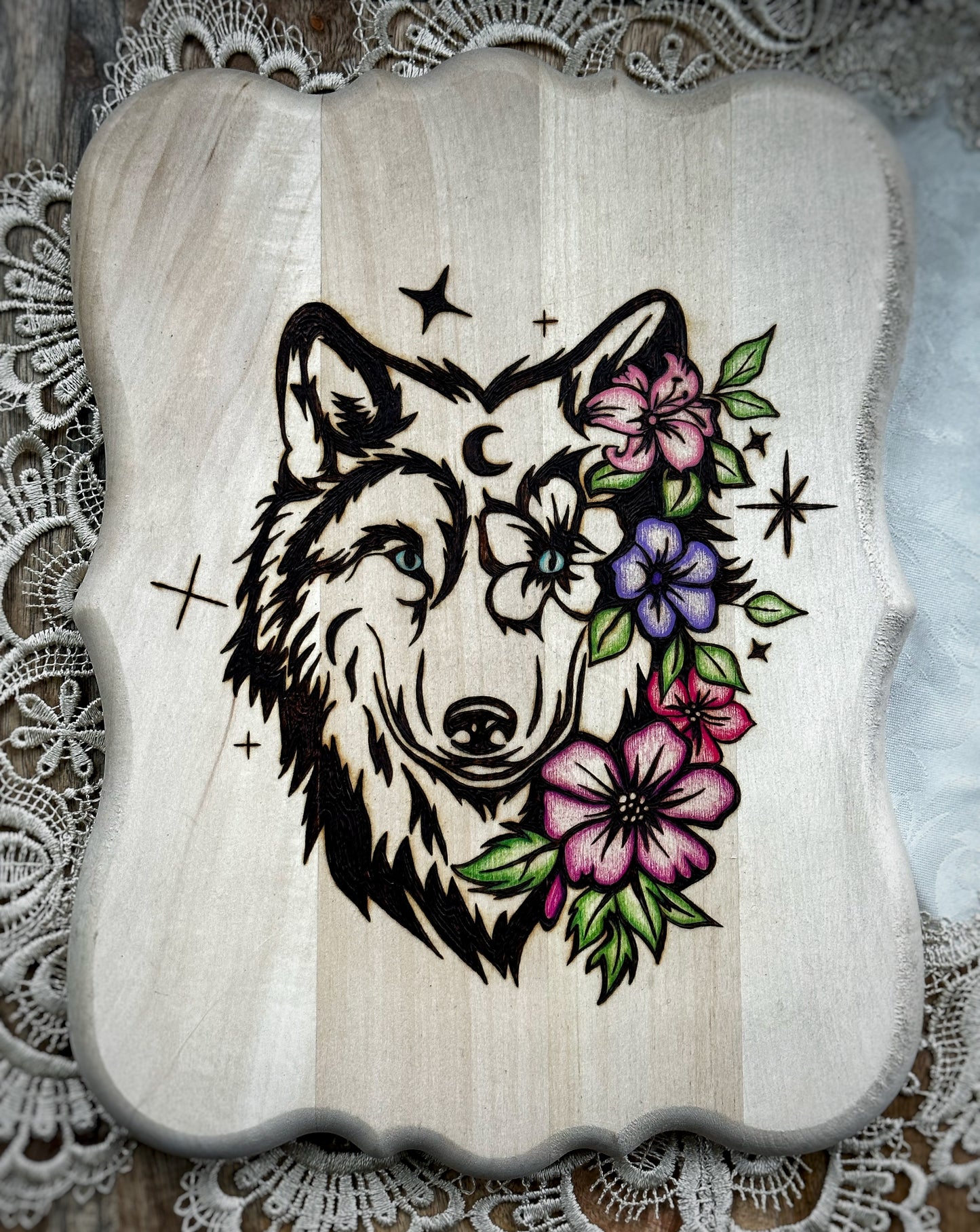 Moon Flower Wolf Wood Burning