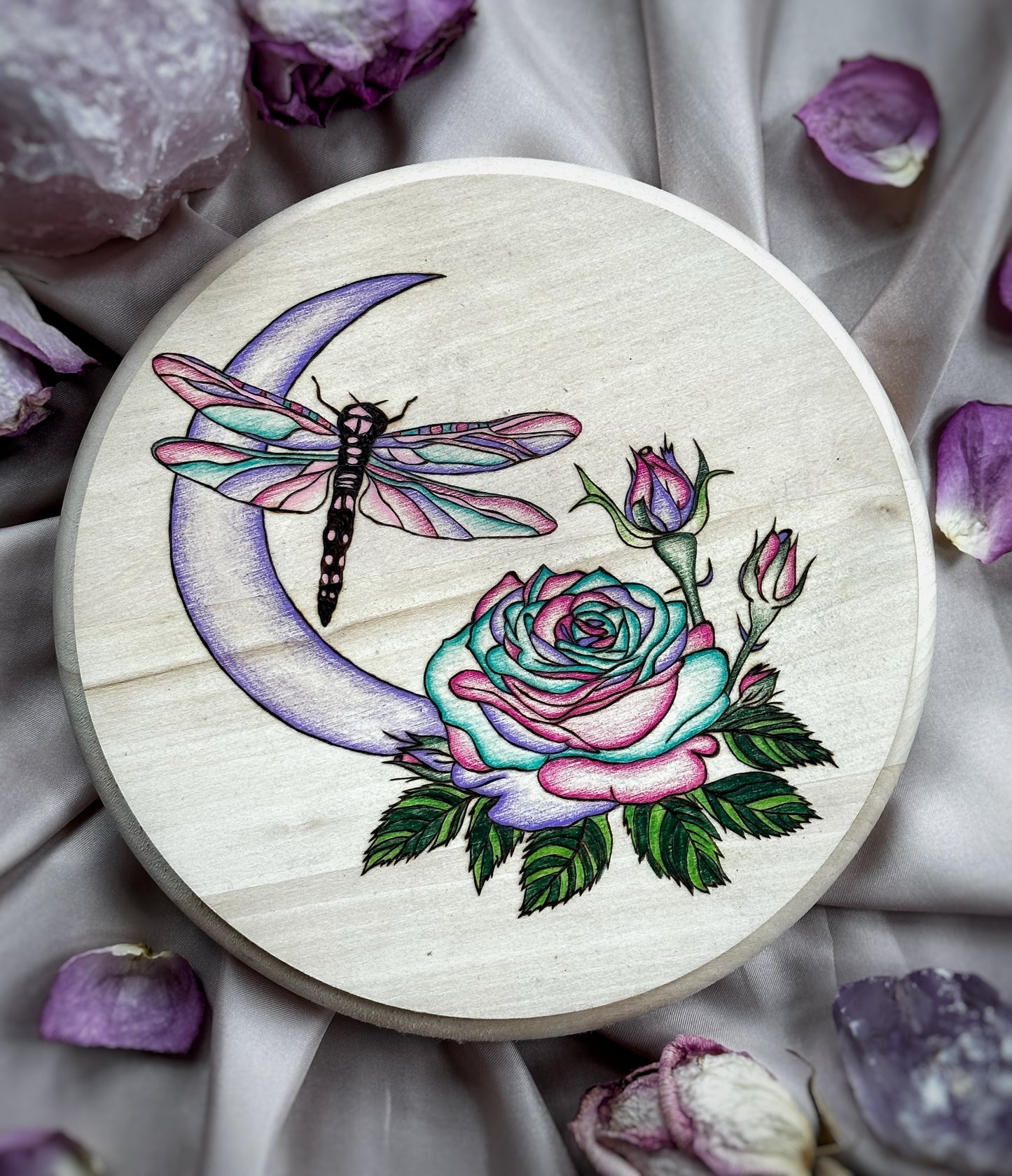 The Moon Rose & The Dragonfly Wood Burning