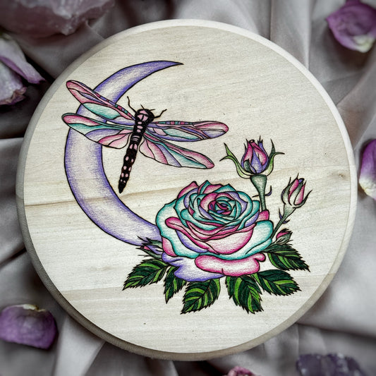 The Moon Rose & The Dragonfly Wood Burning
