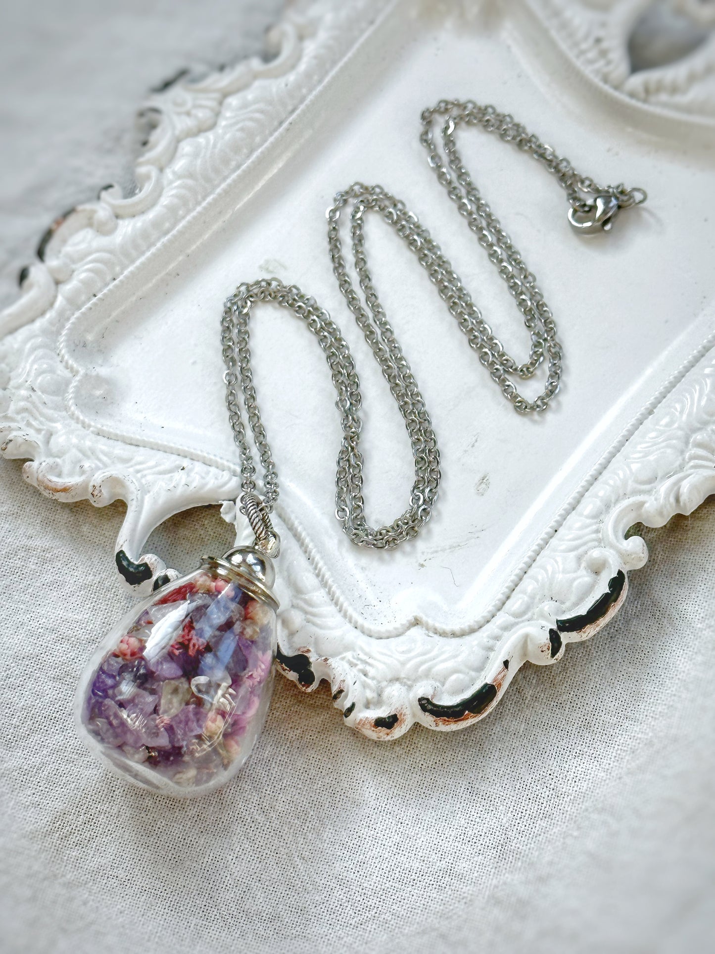 Amethyst and Pink Flowers Apothecary Necklace