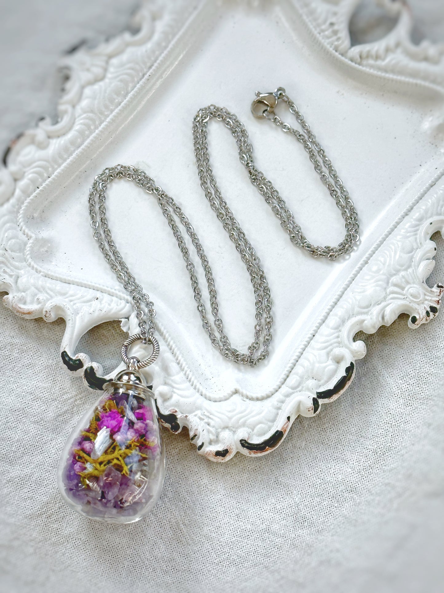 Amethyst and Moss Flowers Apothecary Necklace